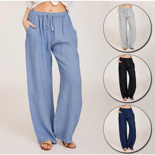 Casual Women Pants Wid Leg Sping Summer Loose Trousers For Female Solid Cotton Line High Waist Maxi Pants Trousers
