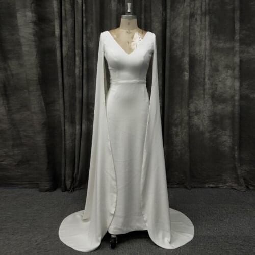 High Quality Material Wedding Dresses V Neck Open Back Pearls Embellished Bridal Gowns with Long Cape
