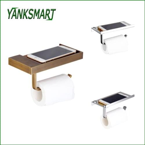 YANKSMART Wall Mounted Stainless Steel Lavatory Toilet Paper Holder With Shelf Phone Storage Creative Roll Holder Tissue Boxes