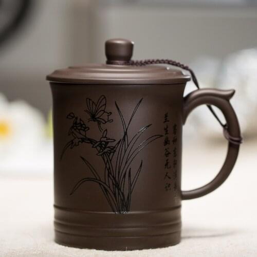 Yixing Purple Clay Mug with Lid Kit Hand Painted Bamboo Orchid Lotus Large Capacity Raw Ore Zisha Cup Office Master Puer Tea Cup