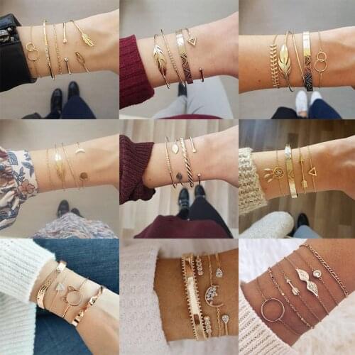 Trendy Women Gold Bracelets & Bangles Set for Women Vintage Leaf Engraving Pattern Crystal Adjustable Bracelet Female Jewelry