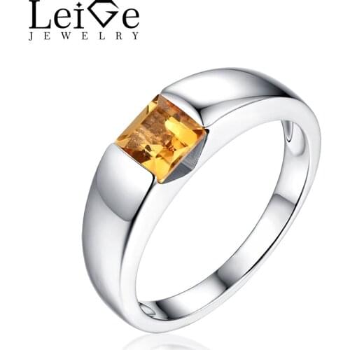 Leige Jewelry Natural Citrine Ring Square Cut Bezel Setting Sliver 925 Rings Engagement Wedding Rings for Women Anniversary Gift