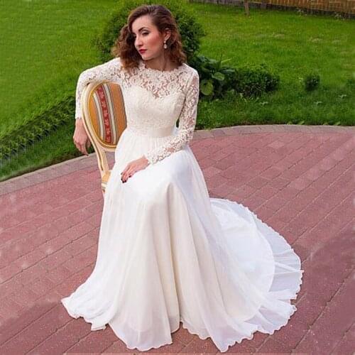 Bride to be Beautiful Scoop Neck Long Sleeve Lace Wedding Dresses Chiffon A-Line Floor Length Vestidos De Noiva Bridal Gowns