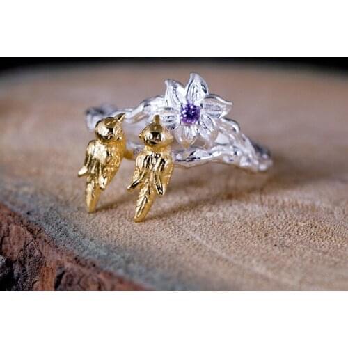 S925 Sterling Silver Open ring Literary flower ring female classical ethnic style personality color separation branch bird Ring