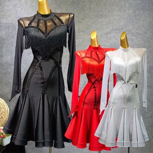 Black Latin Dance Dress For Women Vestido Flecos Tassels Flamengo Rumba/Tango/Salsa Dress Competitive Red Latin Dress VDB487