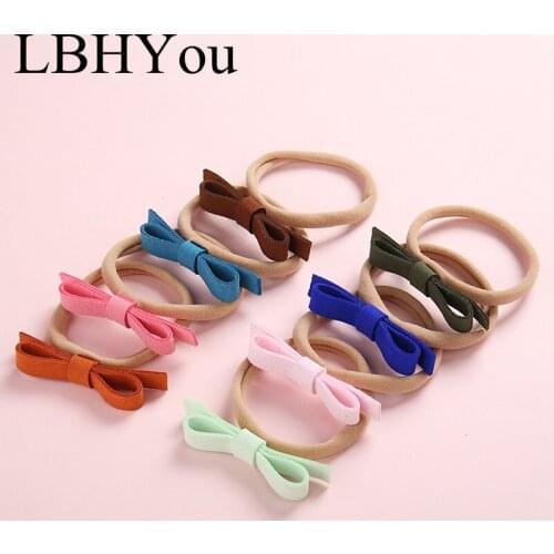 26pcs/lot Soild Flocking Leather Bows Nylon Hairbands,Cute Knotbow Girls Elastic Nylon Headbands,Newborn Skinny Soft Nylon Heads