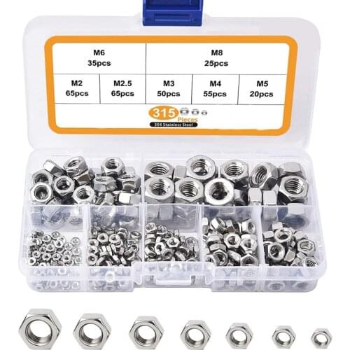 315PCS/Box Hex Hexagon Nuts Assortment Kit M2 M2.5 M3 M4 M5 M6 M8 Stainless Steel Metric Hex Nuts Set DIN934