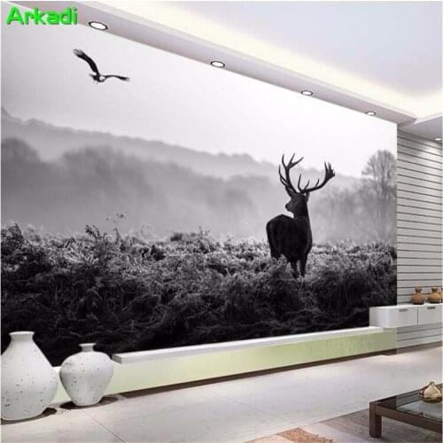 3d wallpaper custom photo beautiful quiet forest morning fog roe deer black and white landscape European retro TV background
