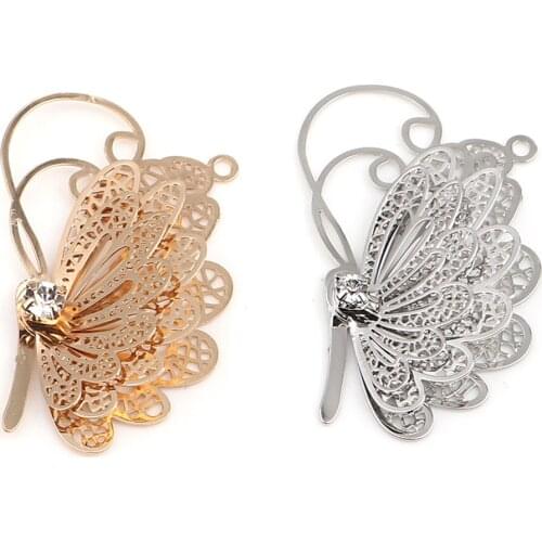 5 PCs 3D Hollow Butterfly Copper Filigree Stamping Pendants Silver Color Butterflies Animal Charms With Clear Rhinestone 40x24mm