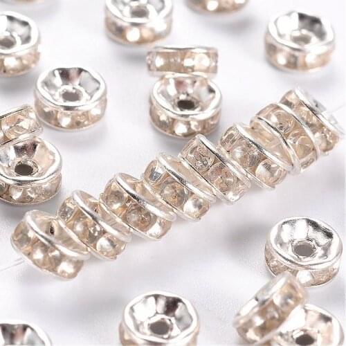 Jewelry Beads Iron Rhinestone Spacer Beads, Grade B, Silver Color, 6x3mm, Hole: 2mm