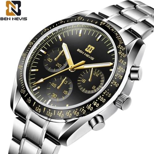 BEN NEVIS Mens Quartz Watches Black Gold Sub Dial Silver Stainless Steel Chronograph Relogios Masculinos De Luxo Original