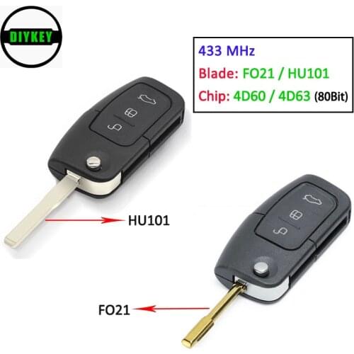 DIYKEY Flip Remote Key 4D60/ 4D63 Chip 3 Button for Focus Mondeo C Max S Max Galaxy Fiesta 2006-2010 433MHz HU101 / FO21 Blade