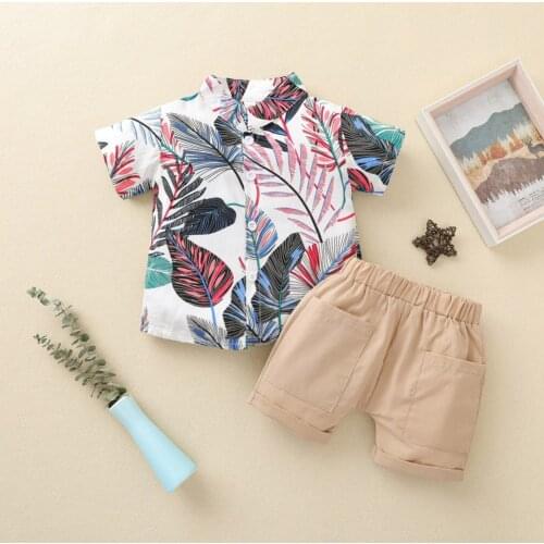 Boys Clothing Suit Outfits Summer Leaf-printed Short Sleeves With Lapel + Shorts 2 Pieces Childrens Sets