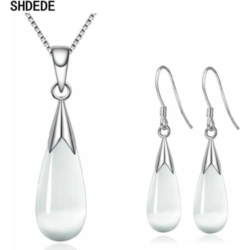 SHDEDE Water Drop Pendants Necklace Earrings Jewelry Sets Women Female Ladies Pink Stone Wedding Bridal Fashion Accessories