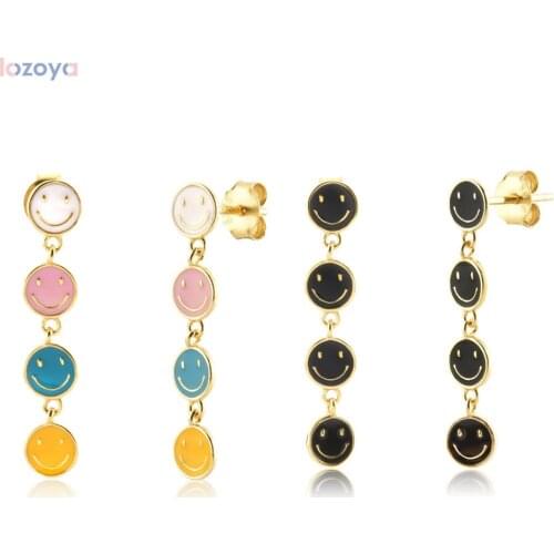 Lozoya New 925 Sterling Silver Jewelry Gift Wedding Gold 26mm Smile Face Happy Mood Smiley Drop Earring Piercing Clips Gift