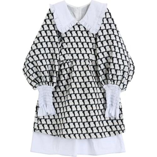 PERHAPS U Black White Long Sleeve Mini Dress Puff Cat Pattern Turn Down Collar D3080