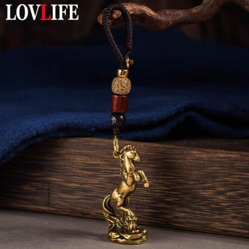 Fashion Copper Horse Animal Key Chains Hangings Trinkets Handmade Braied Rope with Lucky Bodhi Beads Lanyard Keychains Pendants