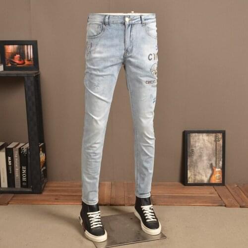 Distressed Blue Ripped Holes Jeans Men Fashion Rhinestones Slim Fit Denim Pants