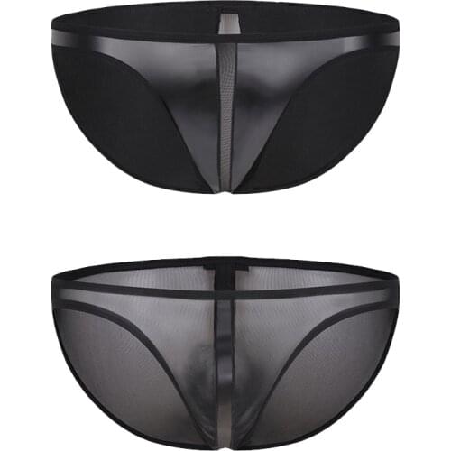 Men sexy imitation leather underwear transparent mesh yarn to lure men underwear low waist sexy underwear XXL size