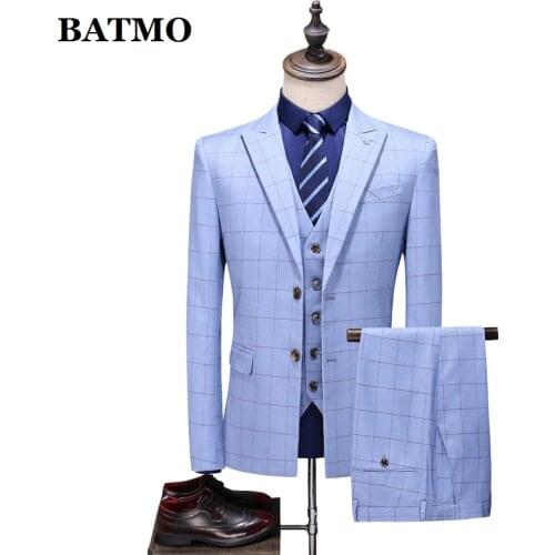 BATMO 2020 new arrival high quality plaid casual suits men,mens wedding dress,jackets+pants+vest,plus-size S-5XL SJT106