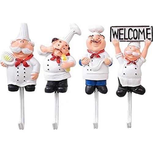 Pack of 4 Resin French Chef Figurine Wall Hooks Decorative Cook Wall Mount Rack Hook Hanger(Assorted Style)