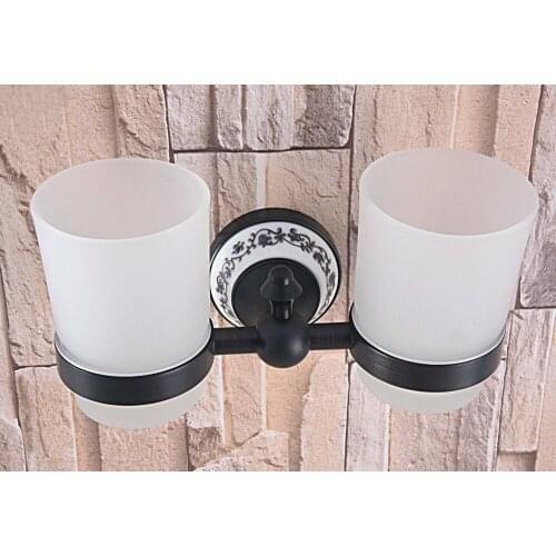 Wall Mounted Black Oil Rubbed Brass Bathroom Toothbrush Holder Set Bathroom Accessory Dual rosted Glass Cup mba765