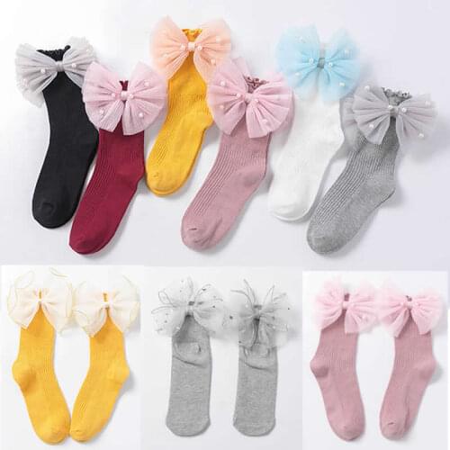 Baby socks new cotton Pearl girl decoration organza butterfly loop tube Socks children princess socks girls boys legwarm