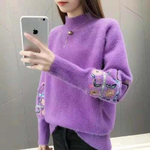 2020 New Autumn Women O Neck Jumper Faux Mink Fur Pullovers Loose Floral Printed Fashion Loose Thick Warm Knitting Sweater W531
