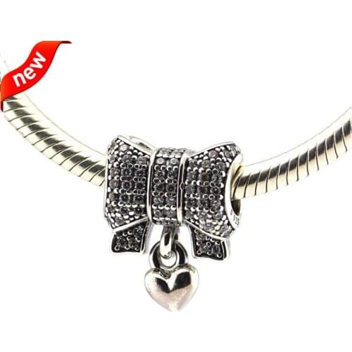 Fits For Pandora Braclets Heart and Bow Charms with Clear Cubic Zirconia 100% 925 Sterling Silver Beads Free Shipping