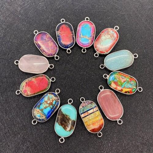Natural Semi-precious Stone Pendant Oval Multicolor Double Hole Support Pendant Used for DIY Making Necklace Jewelry Accessories