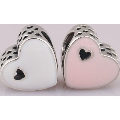 Authentic S925 DIY Jewelry White & Pink Enamel Heart Charm fit Lady Bracelet Bangle Lady Gift Bead