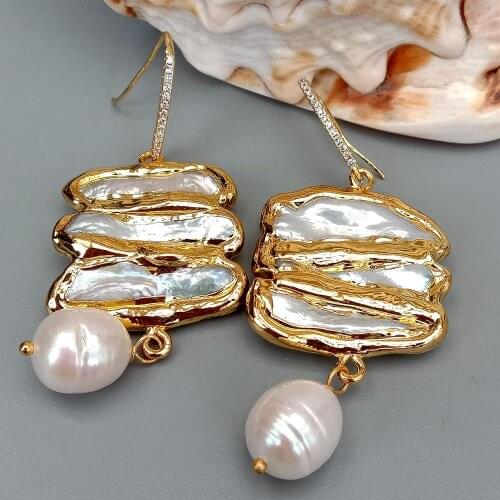 Y·YING natural White Biwa freshwater Pearl With Electroplated Edge rice pearl Dangle CZ Pave Hook Earrings