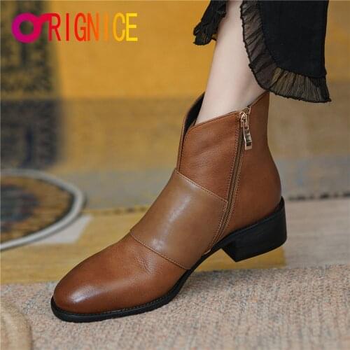 Orignice New Fashion Side Zip Genuine Leather Round Toe Ankle Boots High Quality Brand Women Low Heel Retro Comfortable Footwear