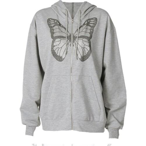 Butterfly Rhinestone Streetwear Harajuku Hoodies Zipper Up Casual Oversize Autumn Thin Black Hoodies Sweatshirts For Women CS697