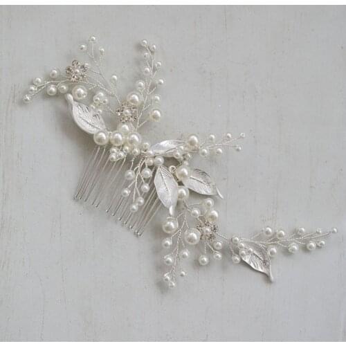 SLBRIDAL Handmade Ins Alloy Leaf Crystal Rhinestone Pearls Bridal Hair Comb Wedding Headdress Hair Accessories Women Jewelry