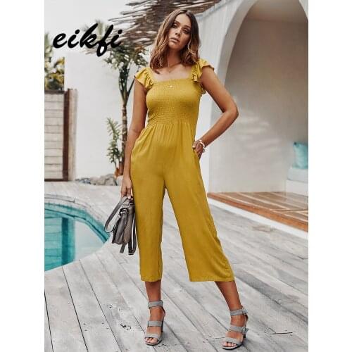 EIKFI Women Solid Ruffle Trim Cami Jumpsuit Summer Offoce Lady Butterfly Sleeve High Waist Wide Leg Elegant Workwear Jumpsuits