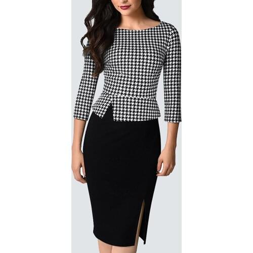 Autumn Elegant Houndstooth Patchwork Business Retro Work Daily Bodycon Dress HB562