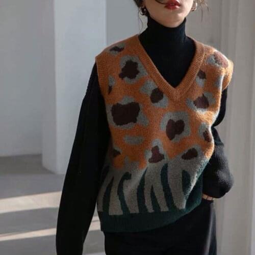 Womens Sweater Vest Sleeveless Vintage Knit Jacket Printed Retro Contrast Color Waistcoat College Style Short Jumper Tops Y852