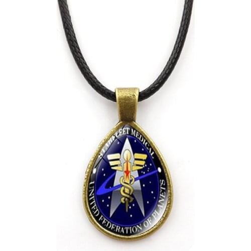 Star Trek Pendant Necklace Classic Men Unisex Gifts Time Gem Vintage Trendy Leather Rope Water Drop Shape Necklace Metal Choker