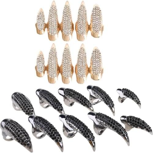 10 Pcs/Set Gothic Punk 3 Sizes Crystal Full Finger Rings Paved Paw Bend Fingertip Fingernail Claw Girls Women Men