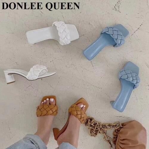 2021 New Design Weave Slipper Fashion Brand Med Heel Sandals Square Toe Slip On Summer Outdoor Slide Flip Flop Women Shoes Mujer