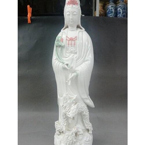 24" China Buddhism porcelain Kwan-Yin Bottle Lotus GuanYin Ride Dragon Statue
