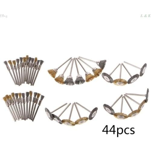 44 Pieces Mini Wire Brush Wheel Cup Brass Steel Wire Brush Set 1/8inch (3mm) Shank For Power Dremel Rotary Tools Polishing Tools