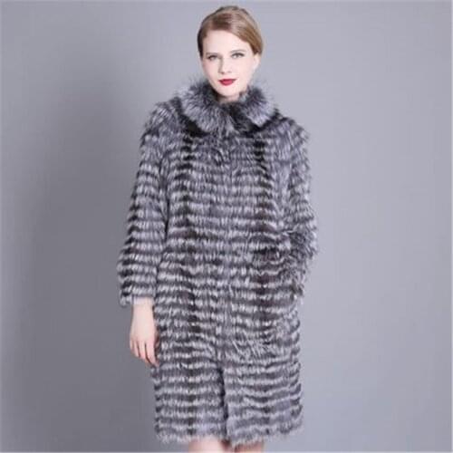 Plus Size 7XL winter Women Silver Fox Fur Coat Natural Fur Winter Fashion Striped Overcoat Female Warm Outerwear Ladies Clothes