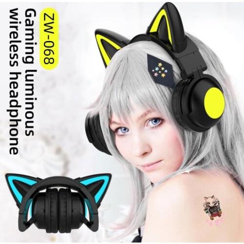 ZW-068 Flash Light Cute Cat Ear Wireless Headphone With Mic Bilateral Stereo Music Gaming Bluetooth 5.0 Headset