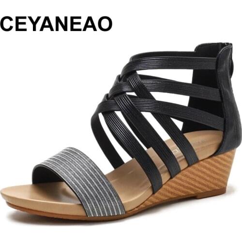 CEYANEAO2021New sandals women zip high heels shoes casual wedges shoes comfortable summer female shoes gladiator sandals