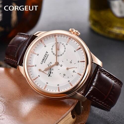 CORGEUT Mens Watch Top Brand Stainless Steel Case Power Reserve Watch Leather Automatic Mechanical Wristwatches Мужские часы