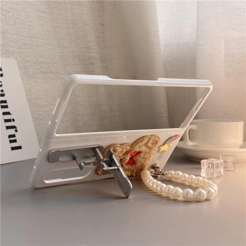 For Samsung Zfold3 Galaxy Case Cute Embroidered Bear Half-wrapped Case Bumper with Phone Holder for Z Fold 3 Case Samsung Conque