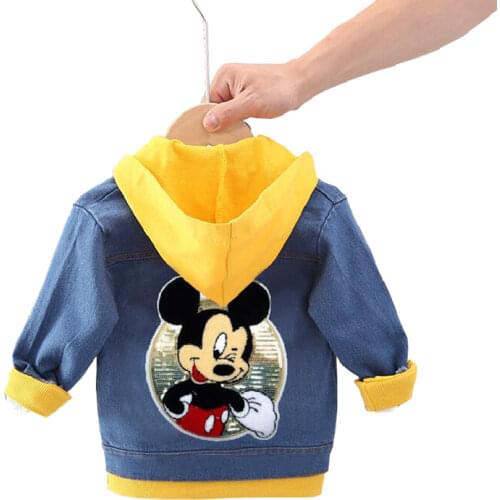 Boy girl Denim Jackets kids Mickey Denim coat Children splice Outerwear clothing Spring Autumn boy hooded sport Clothes 1-12T