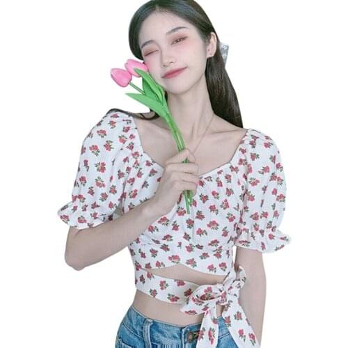 French Square Collar Floral Show Clavicle High Waist Short Puff Sleeve Lace-up Top Picture Color One Size